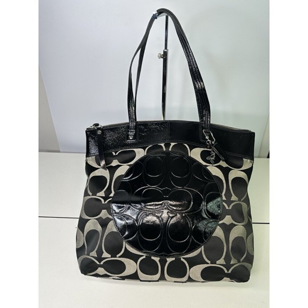 Black Beige Coach Monogram Tote/Shoulder Bag M1182-F18335 Original Keychain Tag